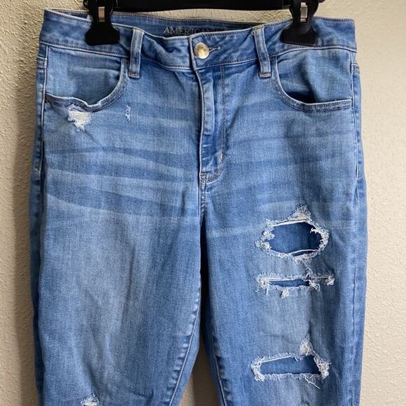 American Eagle Women Light Wash Hi Rise Distressed Skinny Jeans Size 12 - Picture 2 of 9